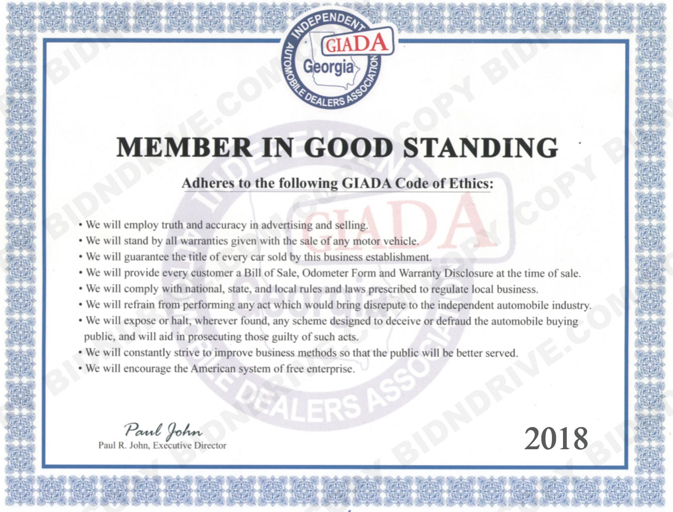 GIADA member certificate